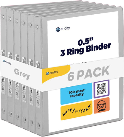 Enday 1 Inch Binder (6 Pack - Grey) 3 Ring Binder 1 inch with Clear View Cover and 2 Inside Pocket - for Letter Size 8.5 x 11'' Paper, Ideal for School Supplies, Office, and Home