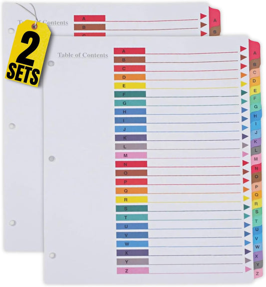 1InTheOffice Alphabetical Dividers for 3 Ring Binders, A-Z Tab Binder Dividers, Customizable Table of Contents, Multicolor Tabs, 2 Sets