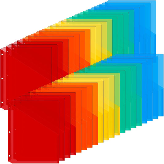 Maitys 50 Pack Binder Pockets 3 Hole Punch Clear Plastic Document Folders Binder Organizer Store Letter Size 8.5x11 Inch Paper Folders with Pockets Slash File Jacket for Office (Fresh Color)