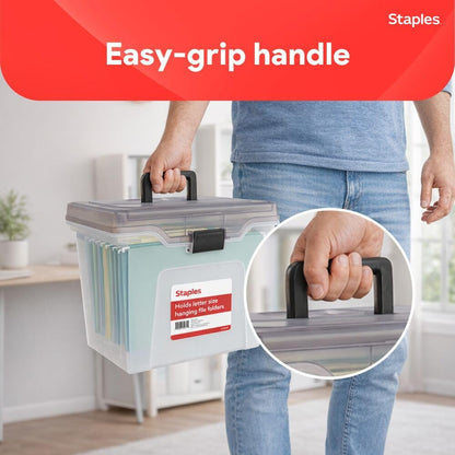 STAPLES Plastic File Box with Snap Lid, Letter/Legal Size, Clear, 4/Carton