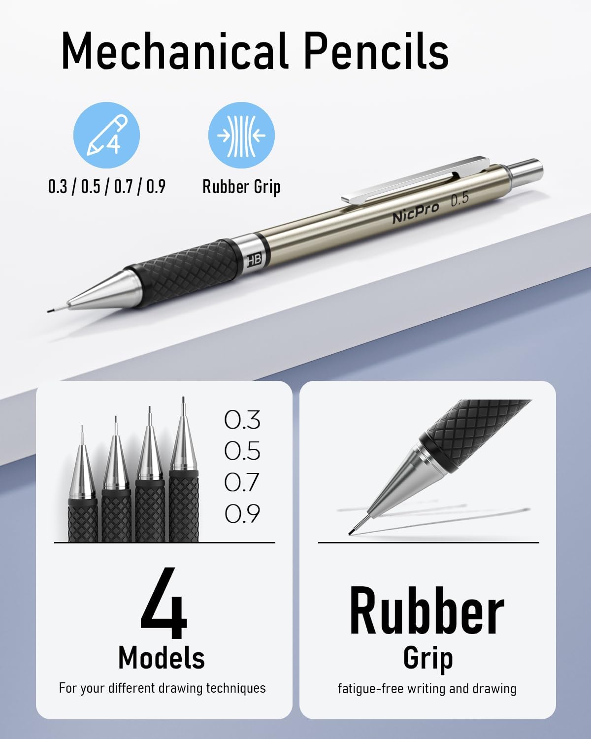 Nicpro 35PCS Art Mechanical Pencil Set, 3 PCS Metal Drafting Pencil 0.5 mm & 0.7 mm & 0.9 mm & 3 PCS 2mm Lead Holder (6B 4B 2B HB 2H 4H Colors) For Sketching Drawing With 20 Tube Lead Refills Case