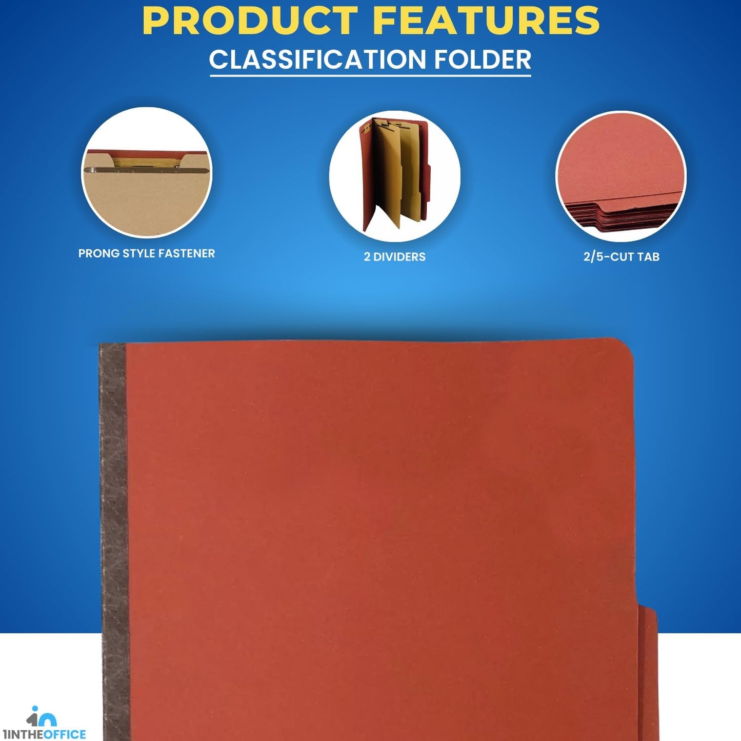 1InTheOffice Classification Folders, 2 Dividers, Heavy-Duty Pressboard Cover, Letter Size, Brick Red, 6 Fasteners,20 Pack