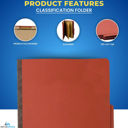 1InTheOffice Classification Folders, 2 Dividers, Heavy-Duty Pressboard Cover, Letter Size, Brick Red, 6 Fasteners,20 Pack