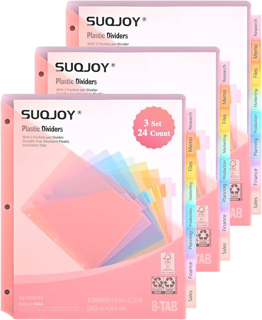 8-Tab Dividers for 3 Ring Binder, 48 Count Binder Dividers with Pockets, Subject Dividers, 3-Hole Plastics Sheets Protectors for US Letter Size in 0.5", 1",2" Binders, Vibrant 8 Color, 6 Packs
