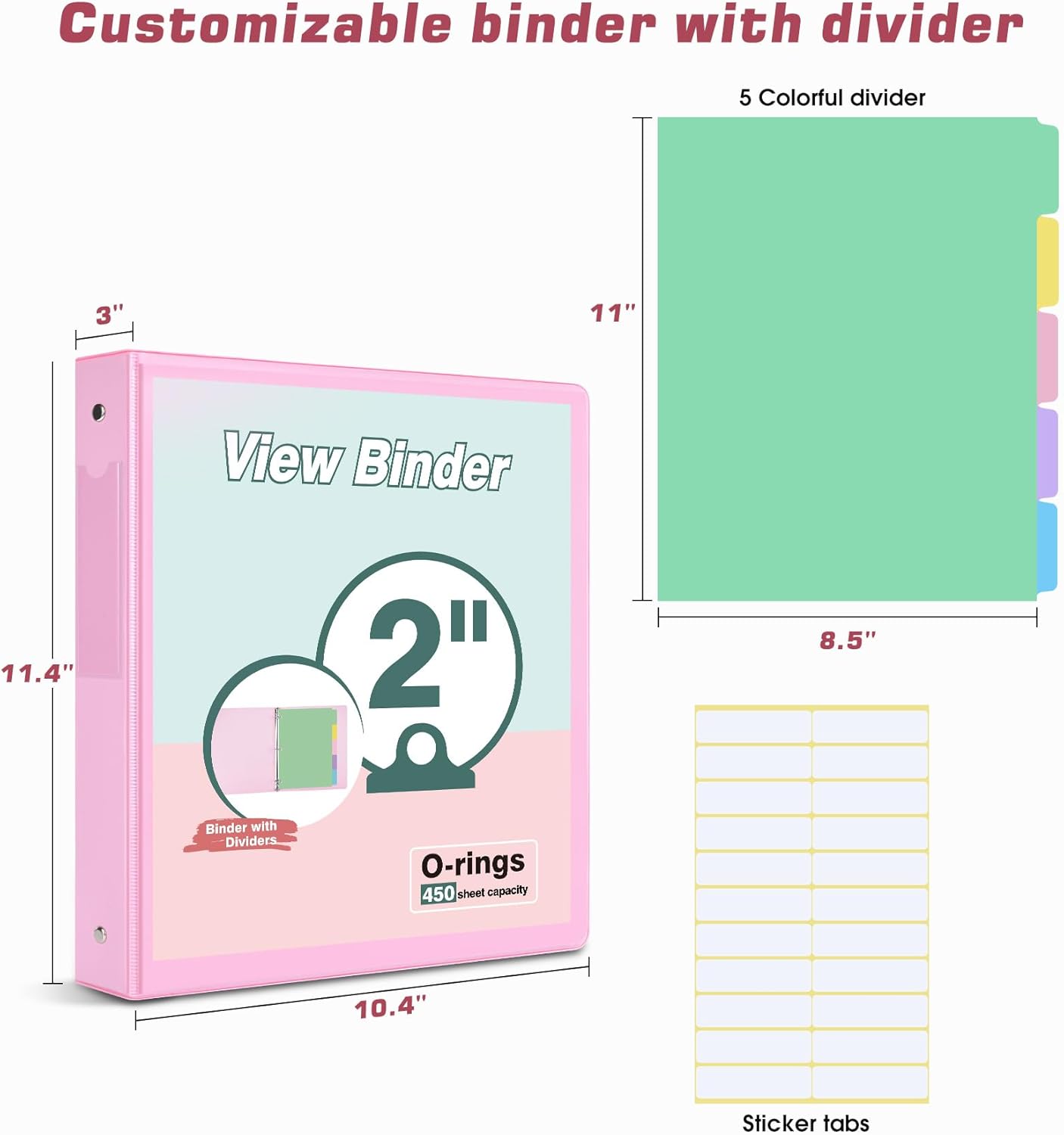 3 Ring Binder 1.5 inch，Cute Binder Organizer with 5 Tab Dividers Fits 175 Sheets of 8.5x11 Paper,Customizable Clear Cover with Inside Pockets,Aesthetic 1.5" Three Ring Binders for School Office,Purple
