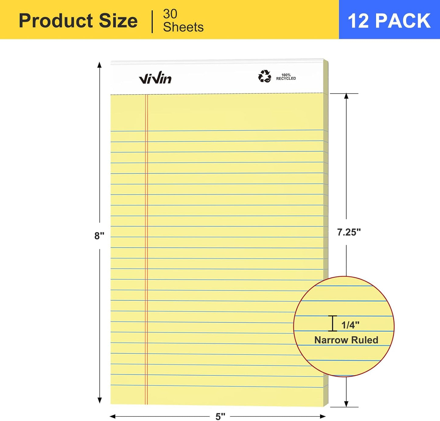 ViVin Legal Pads 8.5 x 11 Inch, Wide Ruled Note Pads, 12 Pack, 50 Sheet/Pad, Perforated Writing Pads, Notepads for Office Home School, 600 Sheets, White Paper
