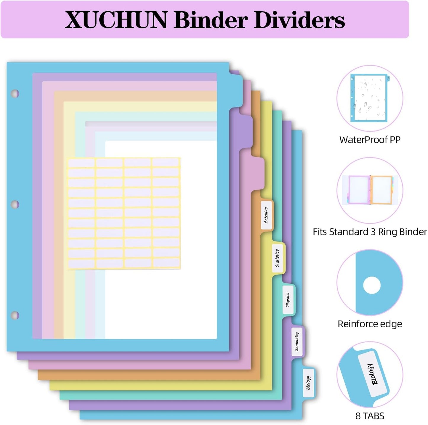16Pcs/2 Set 8 Tab Dividers, Clear Plastic Binder Dividers with Tabs, for 3 Ring Binder, Letter Size, Multicolor
