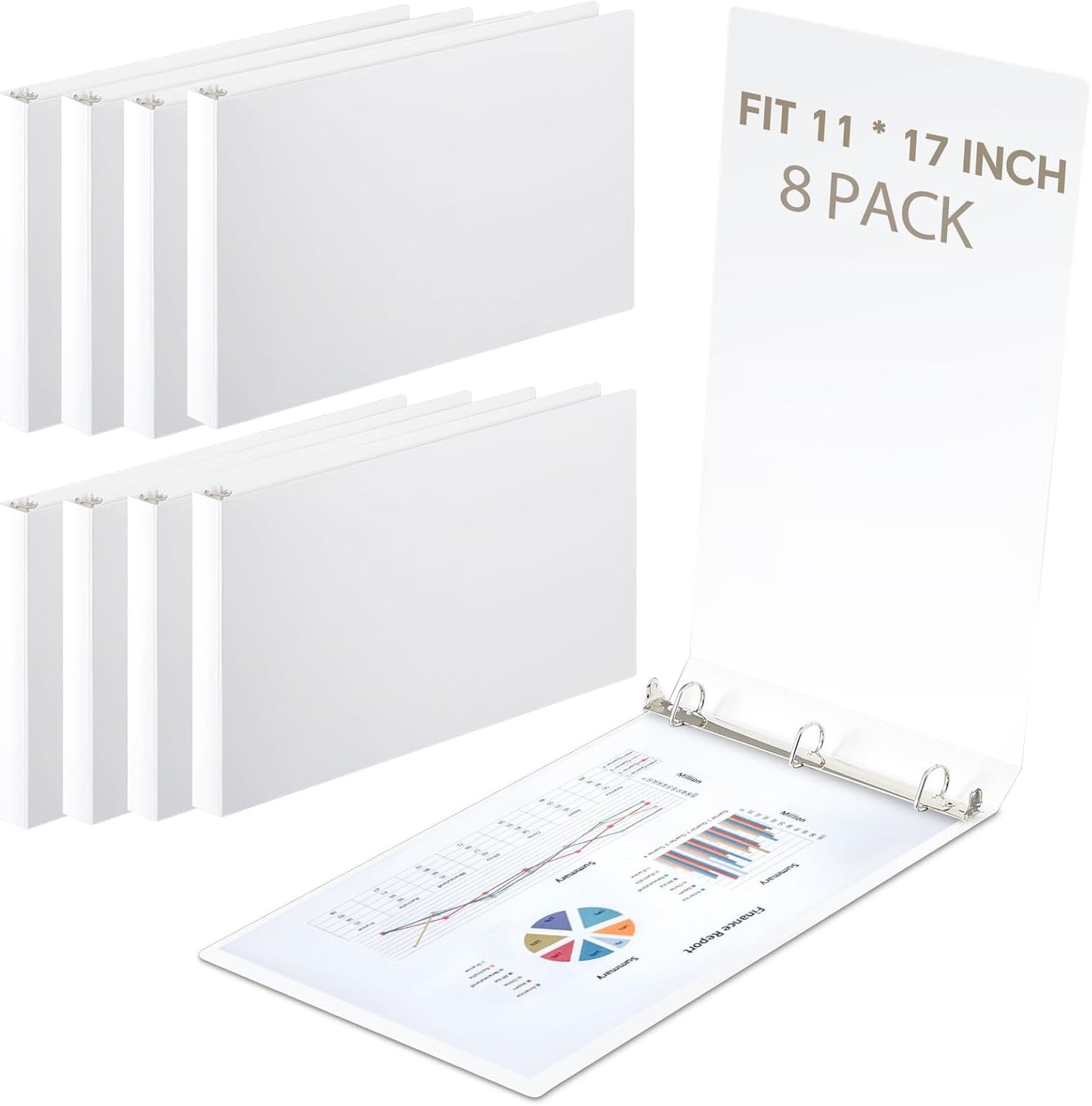 8 Pcs 3 Ring Binders Rings Heavy Duty View D Ring Binders Economy Holds 11" x 17" Paper for Artwork Blueprints, Office, Home, Work Places(White,3 Inch)