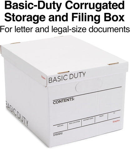 STAPLES Corrugated File Box Lift Off Lid, Letter/Legal Size, White/Black, 10/Pack