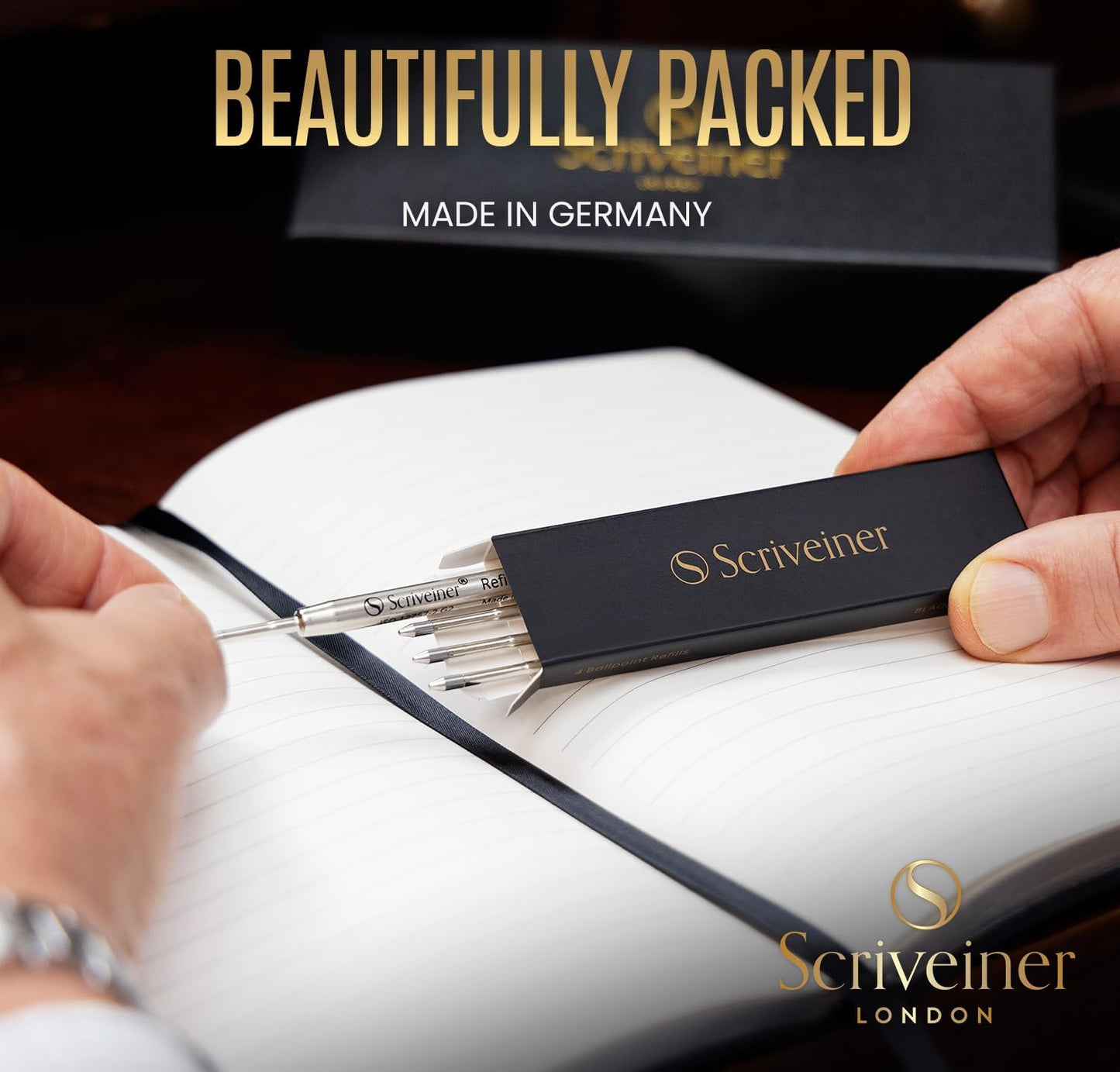 Scriveiner Ballpoint Refill Black Medium - 4 Ballpoint Refills Designed Pens - Stainless Steel Tip with Tungsten-Carbide Ball Refill M - Made in Germany