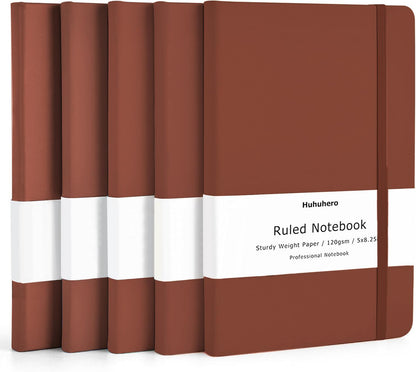 Huhuhero 5 Pack Lined Journal Notebooks, Hardcover Notebook for Work School Office, 5"×8.25", 120Gsm Thick Ruled Writing Journals for Note Taking Business, Black