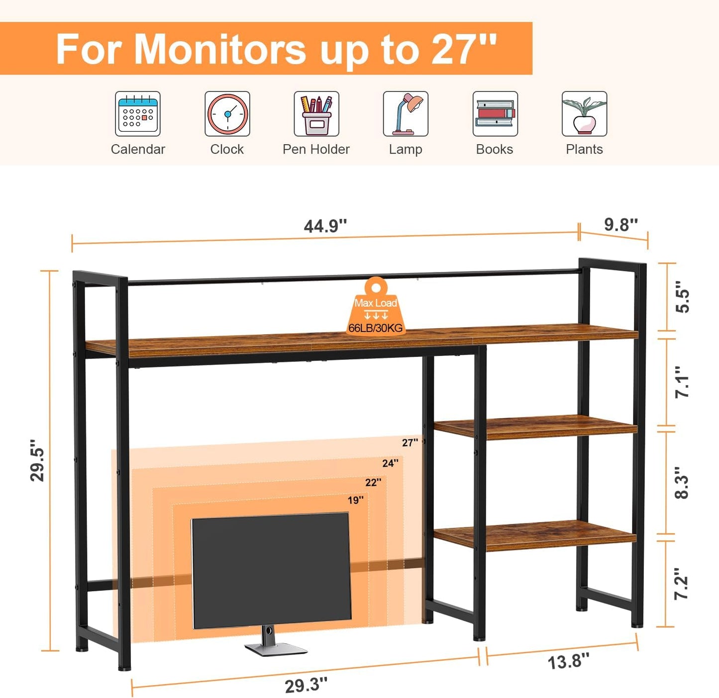 Snughome Desk Shelf, 38.6" Desktop Organizer Shelf, Desk Hutch for Computer Monitor, 4 Tier Desk Display Rack, Wood Desktop Bookshelf Storage Rack for Home Office Dorm, Rustic Brown | Desk Hutch, Computer Monitor, Desktop Display Rack, Home Office Dorm