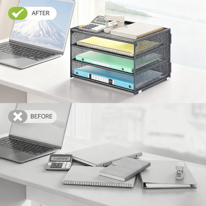 Lavatino 3-Tier Letter Tray Desk Organizer, Mesh Metal Paper File Tray Organizer for Desk, Office Supplies & Home Organization, Fits A4 Paper, Mail, Magazines & Office Accessories (Black with Handle)