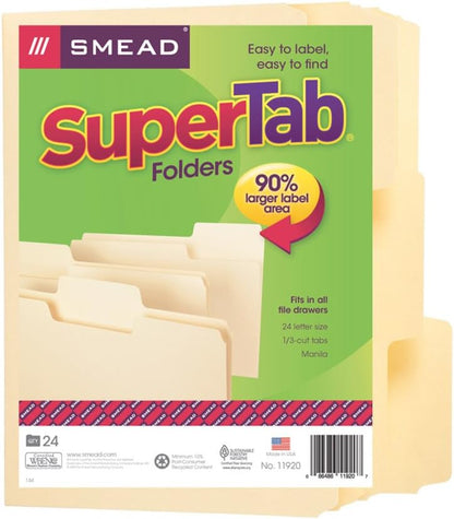 Smead SuperTab File Folder, Oversized 1/3-Cut Tab, Letter Size, Manila, 100 Per Box (10301)