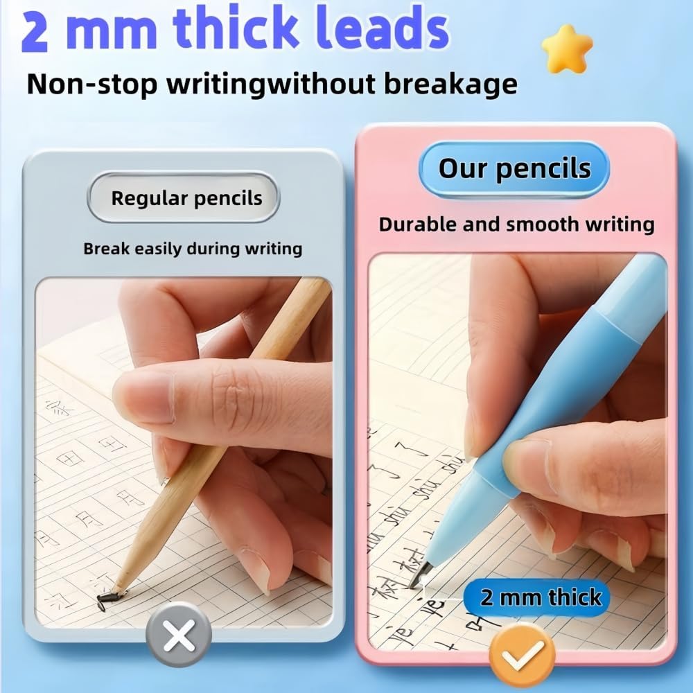 Handwriting thick mechanical pencils with grip: 2.0MM HB Pencil for kids with 14 leads (6 pack)