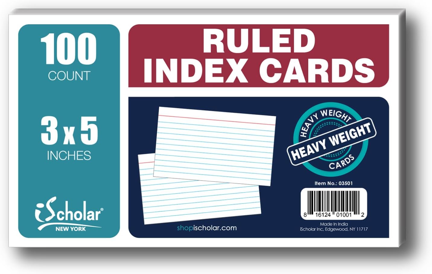 iScholar Index Cards, Ruled, Colored, 3 x 5 Inches, 100 Card Pack (03516)