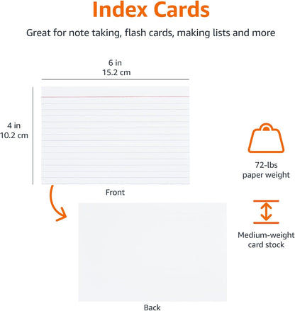 Amazon Basics Ruled Lined Index Cards for Study, Notes and Recipes, White, 3" x 5", 1,000 Count (10 Pack of 100)