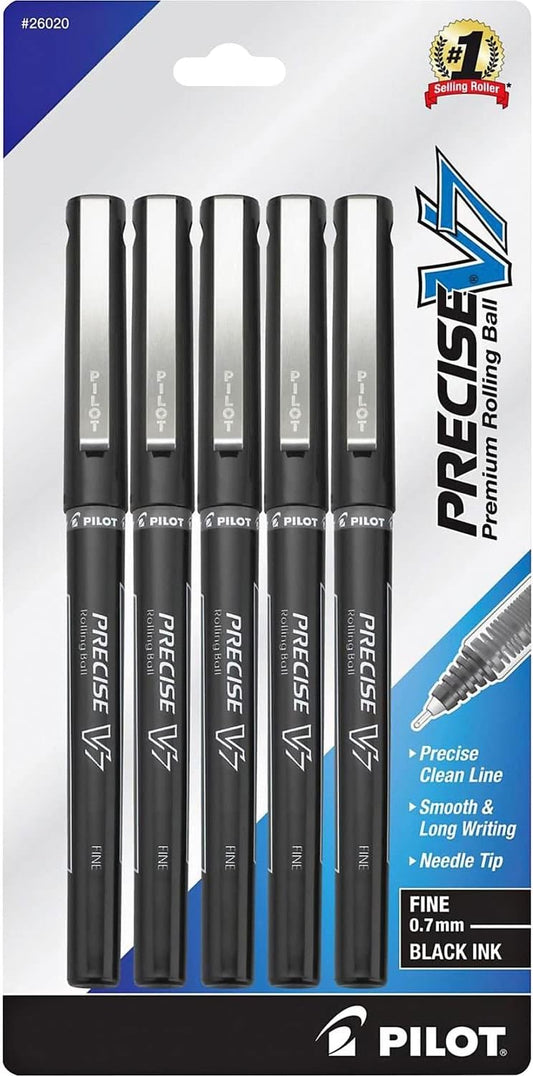 PILOT Precise V7 Stick Liquid Ink Rolling Ball Stick Pens, Fine Point (0.7mm) Blue Ink, 5-Pack (26021)