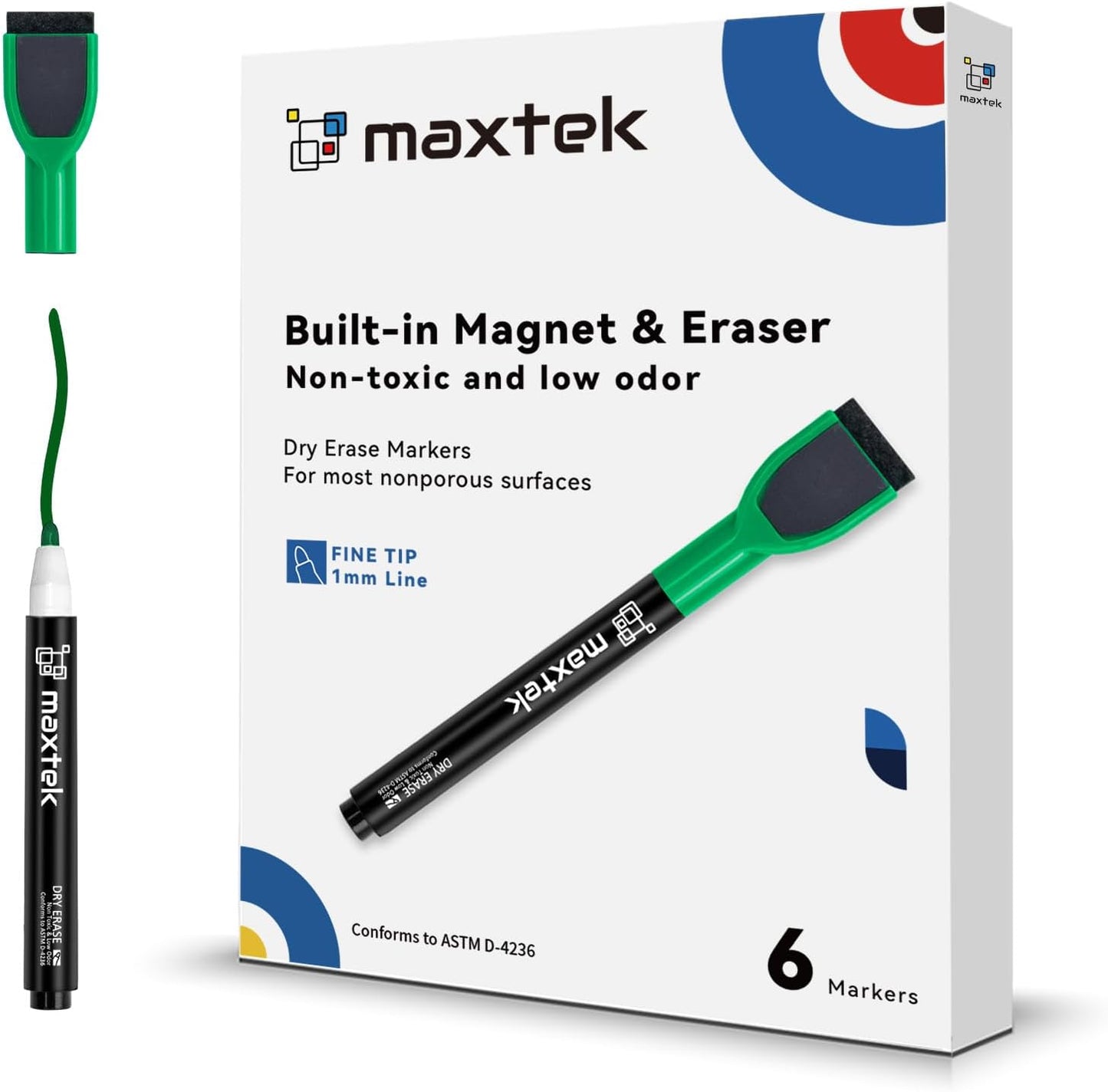 maxtek Magnetic Black Dry Erase Markers, 6 Count Fine Tip Whiteboard Markers with Eraser, Thin Markers Low Odor for Classroom, Office, Home