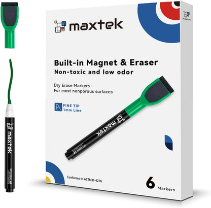 maxtek Magnetic Black Dry Erase Markers, 6 Count Fine Tip Whiteboard Markers with Eraser, Thin Markers Low Odor for Classroom, Office, Home