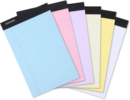 Mintra Office Colorful Legal Pads - Includes 2 Blue, 2 Pink, and, 2 Green Writing Pads, Micro Perforated Lined Sheets, Ideal for Professional & Personal Use, 5"x8" Narrow Ruled, 6 pack Basic Pastel