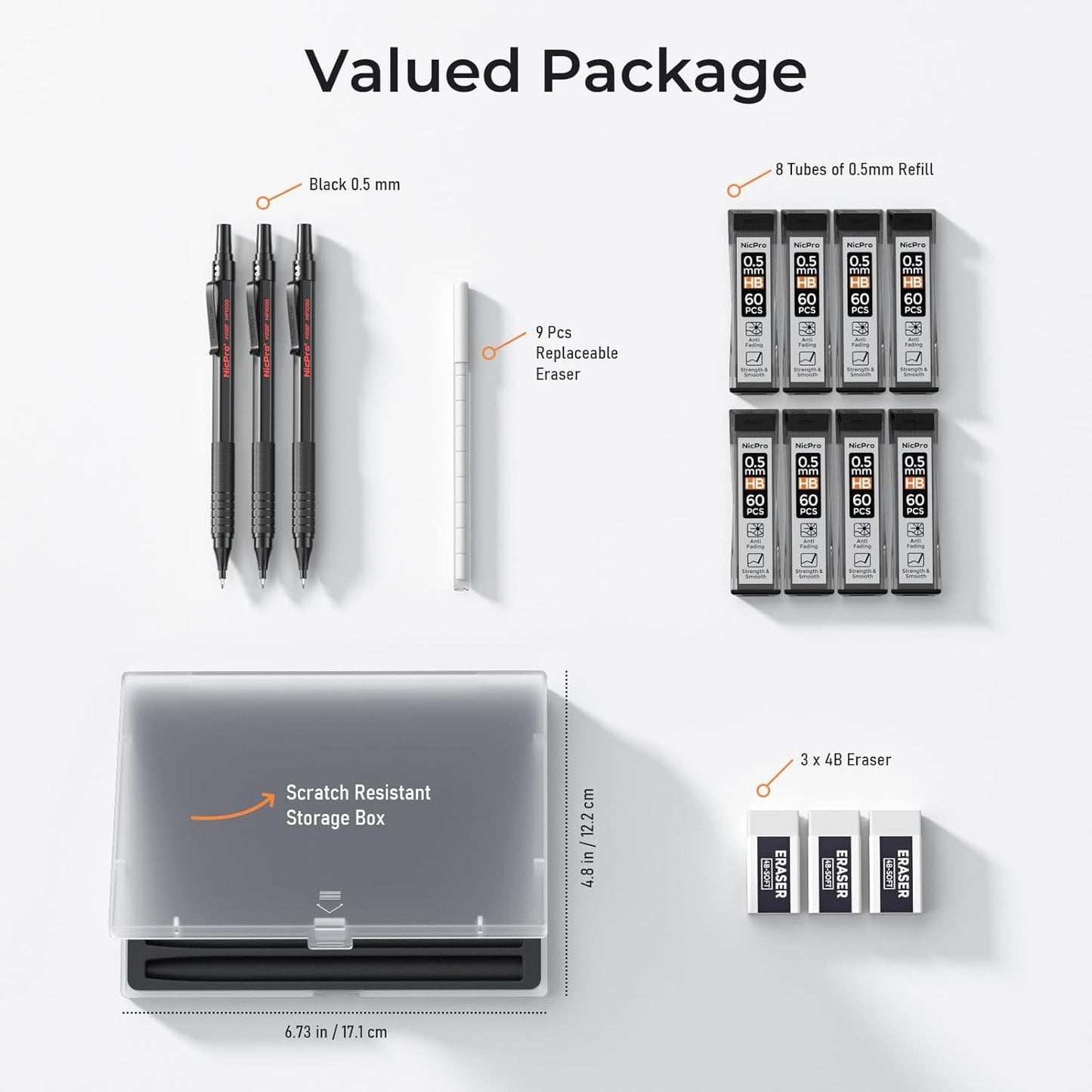 Nicpro 0.5 mm Mechanical Pencils Set with Case, 3 Metal Artist Pencil With 480PCS HB Lead Refills, 3 Erasers,9 Eraser Refills For Architect Art Writing Drafting, Drawing, Engineering, Sketching, Black