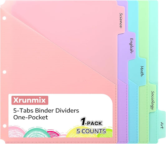 【5 Tabs Dividers with Pockets for 3 Ring Binder, 5 Count Binder Dividers for US Letter Size, Tabbed Dividers for School, Office, and Home Organization, 5 Pastel Colors (1)】