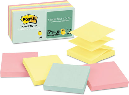Post-it Pop-up Notes, 12 Sticky Note Pads, 3 x 3 in., School Supplies, Office Products, Accordion Sticky Notes Work with Pop-Up Note Dispenser, Beachside Café Collection