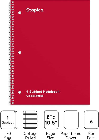 STAPLES 1‑Subject Spiral Notebook, 8” x 10.5”, College Ruled, 70 Sheets, Assorted Colors, 6‑Pack