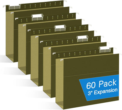 Hanging File Folders, RAZCC 60 Pack Reinforced Hanging Folders Letter Size, Designed for Bulky Files, Filing Cabinet, Adjustable Tabs, Green