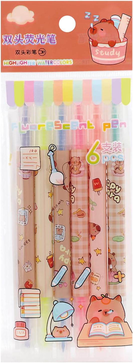 MOZXIRZ 6 Pcs Capybara Highlighters Pens Cute Dual Tips Highlighter Markers Assorted Colors Highlighters Cartoon Capybara Highlighter Pens for Women Back to School Office Supplies (Capybara)