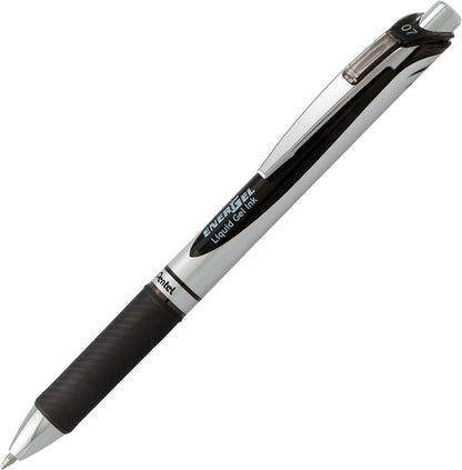 Pentel EnerGel RTX Deluxe Retractable Liquid Gel Pen, Fine .7mm Metal Tip, Black Ink, Silver Barrel (Bulk Lot of 15) (BL77-A)