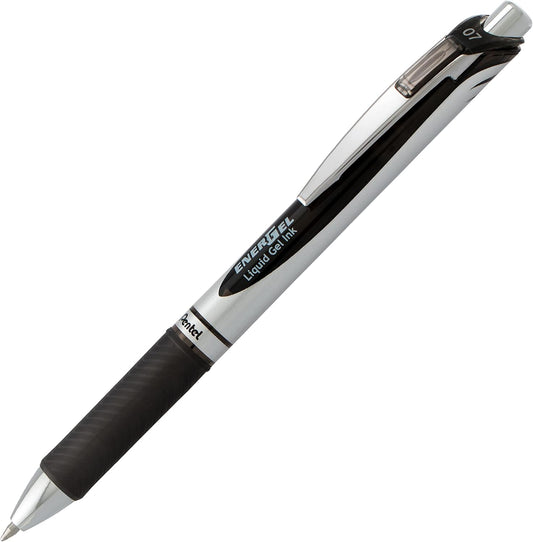 Pentel EnerGel RTX Deluxe Retractable Liquid Gel Pen, Fine .7mm Metal Tip, Black Ink, Silver Barrel (Bulk Lot of 15) (BL77-A)