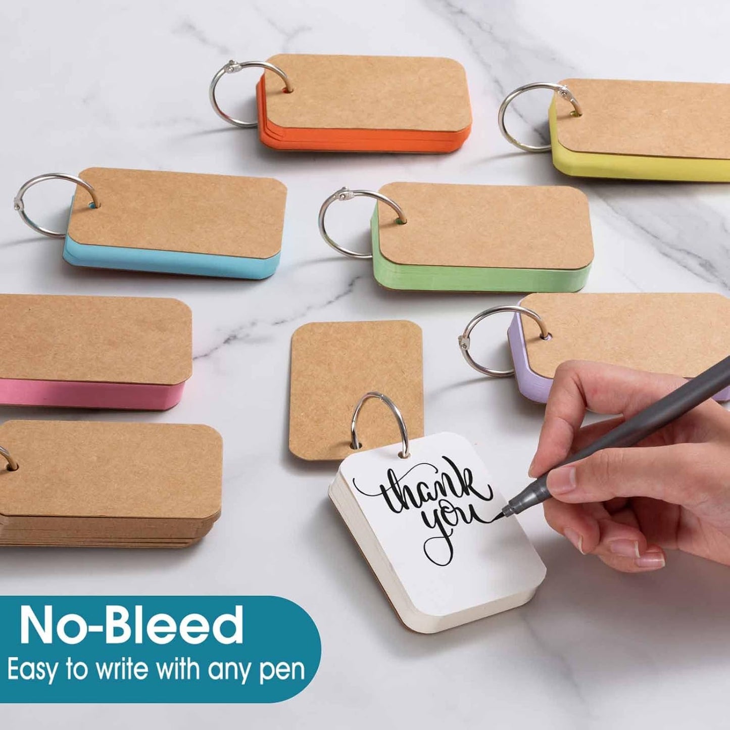Primbeeks 8 Pack Multicolor Index Cards with Binding Rings, 320 Sheets 2.2 x 3.5 Inches Flash Cards, Double-sided Available Study Cards, Easy Flip DIY Greeting Card, Note Cards, Kraft Paper Cards