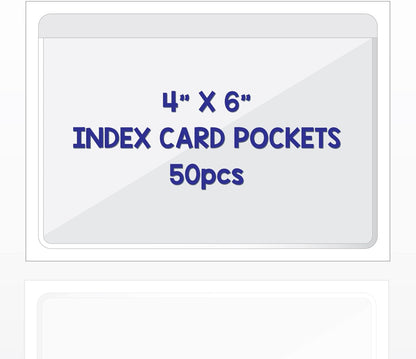 Clear Adhesive 3" x 5" Index Card Pockets With Top Open Loading, 50 Pack, Plastic Labels Holders for Storage Bins and Library, Ideal for Organizing and Protecting Your Cards