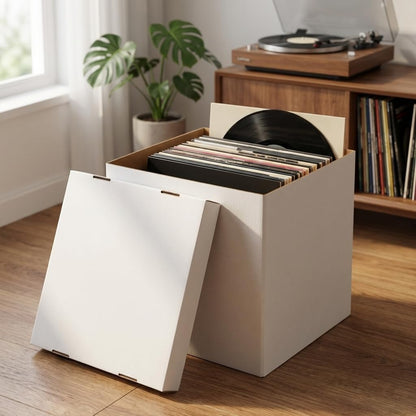 CRUGLA Vinyl Record Storage Boxes with Lids 7 Pack, 13 Inch Cube, Collapsible Corrugated Cardboard, Quick Fold Assembly with Pre-Applied Adhesive, Side Cut-Out Handles, Home Office Organizer, White