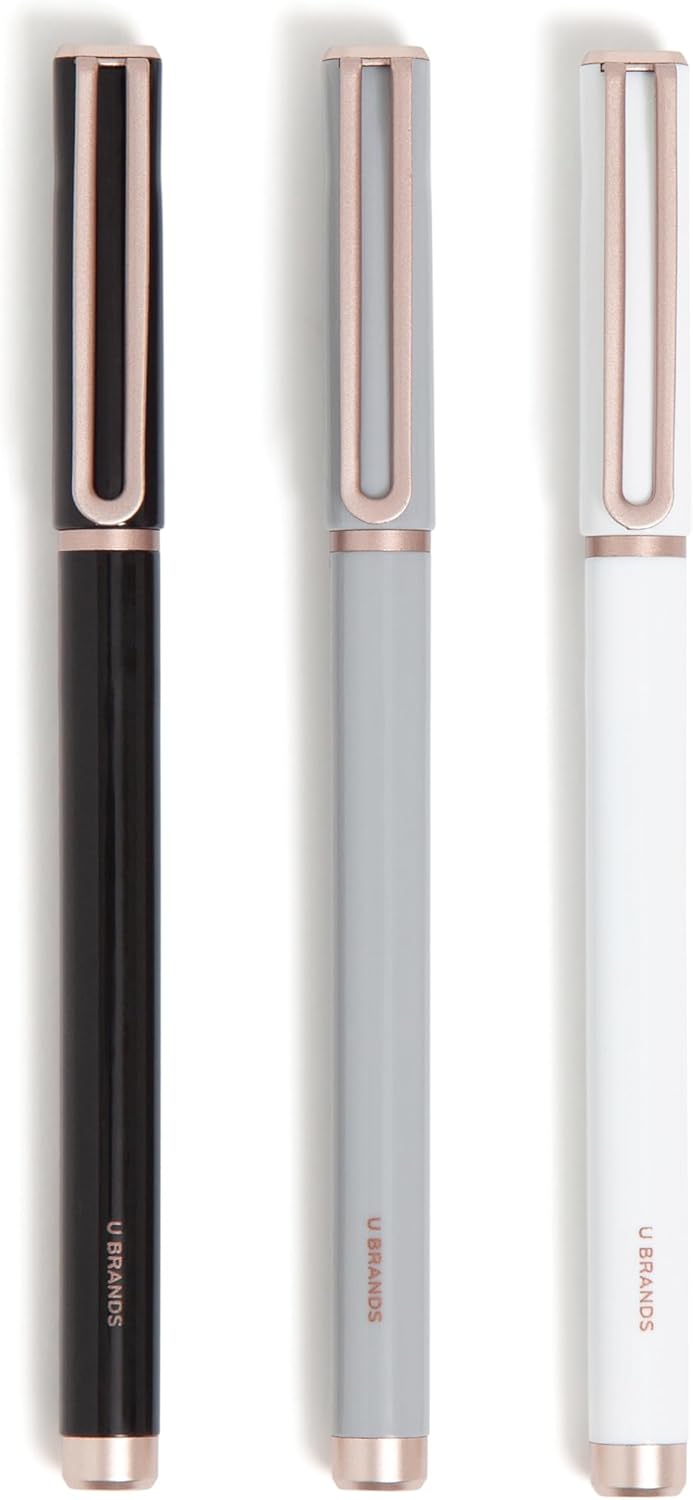 U Brands Catalina Felt Tip Pens, Set of 3, Classic Designs with Rose Gold Hardware, Medium (0.7 mm) Point, Black Ink