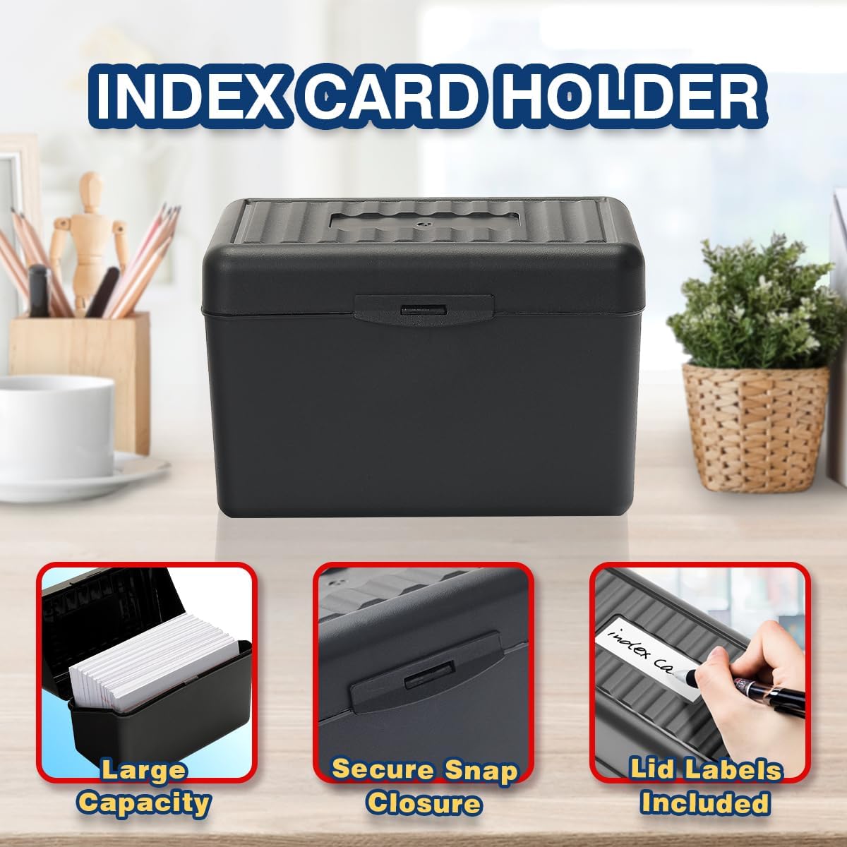 H4D 3x5 Index Card Holder with 100 Heavyweight Ruled Index Cards and 25 Plastic Dividers, Black