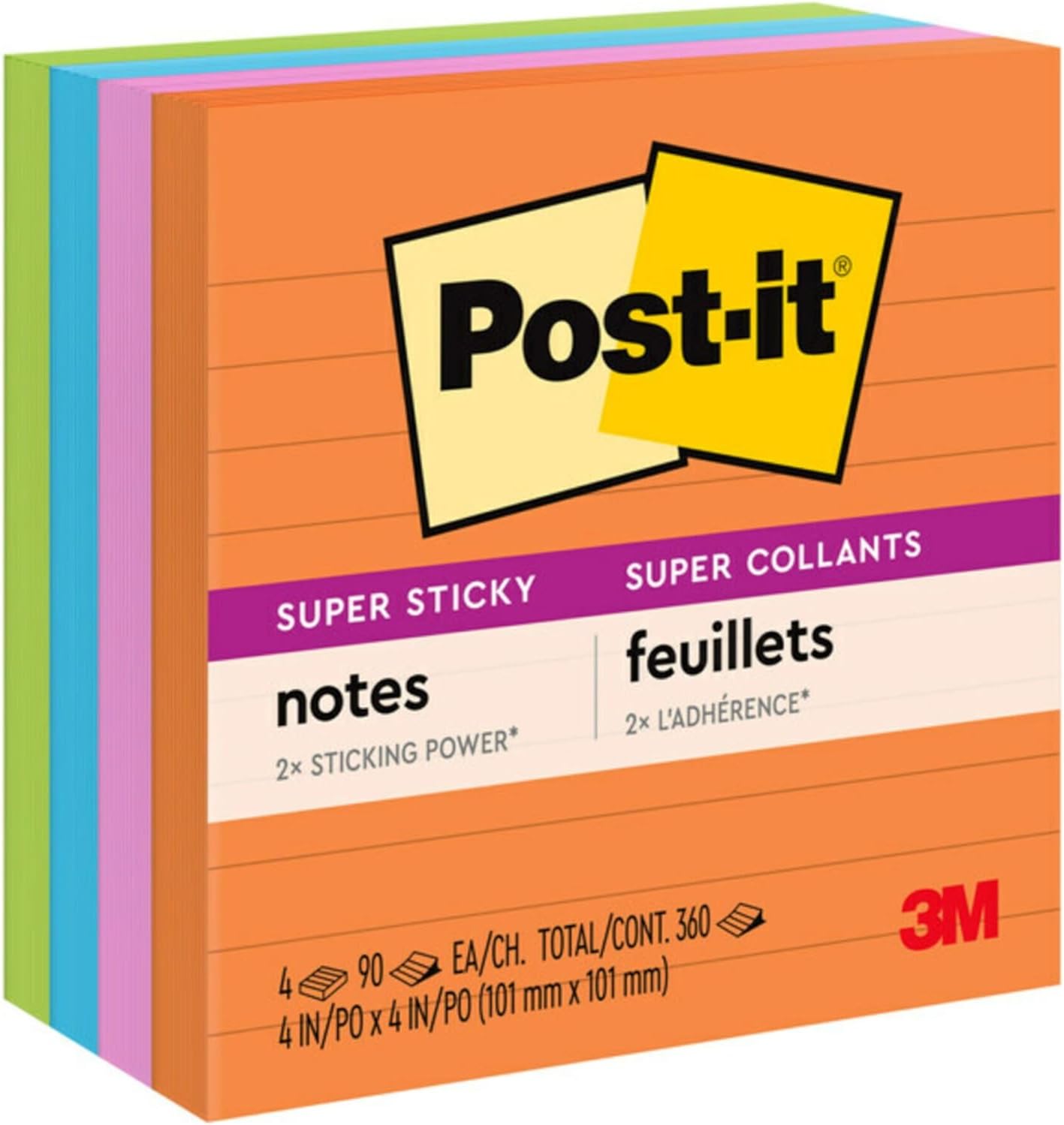 Post-it Super Sticky Notes, 4 Lined Sticky Note Pads, 4 x 4 in., School Supplies, Office Products, Sticky Notes for Vertical Surfaces, Monitors, Walls and Windows, Simply Serene Collection