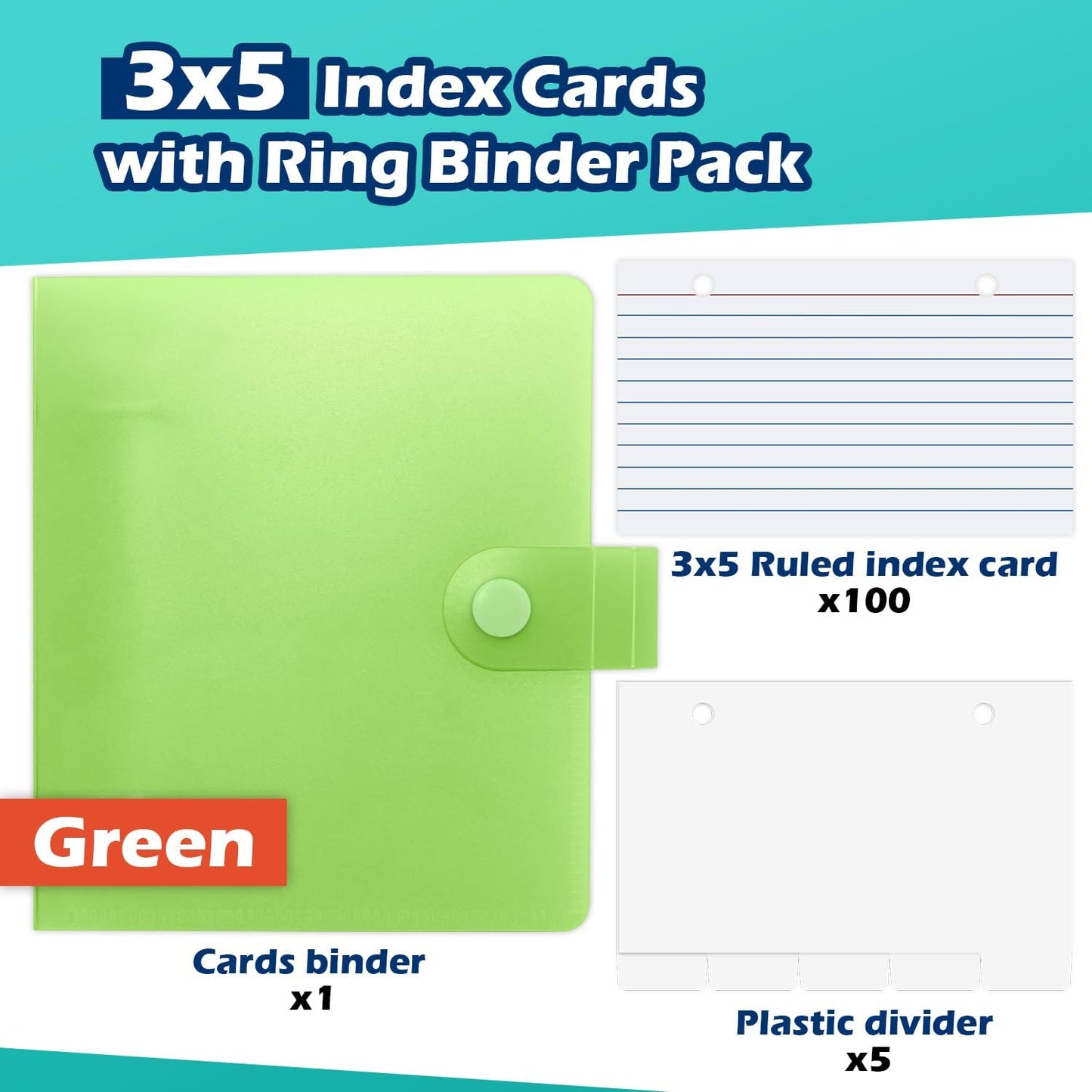 3x5 Lined Index Cards with Ring Binder Holder and Dividers, 100 Ruled Cards, Blue