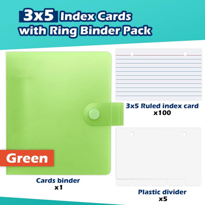 3x5 Lined Index Cards with Ring Binder Holder and Dividers, 100 Ruled Cards, Blue