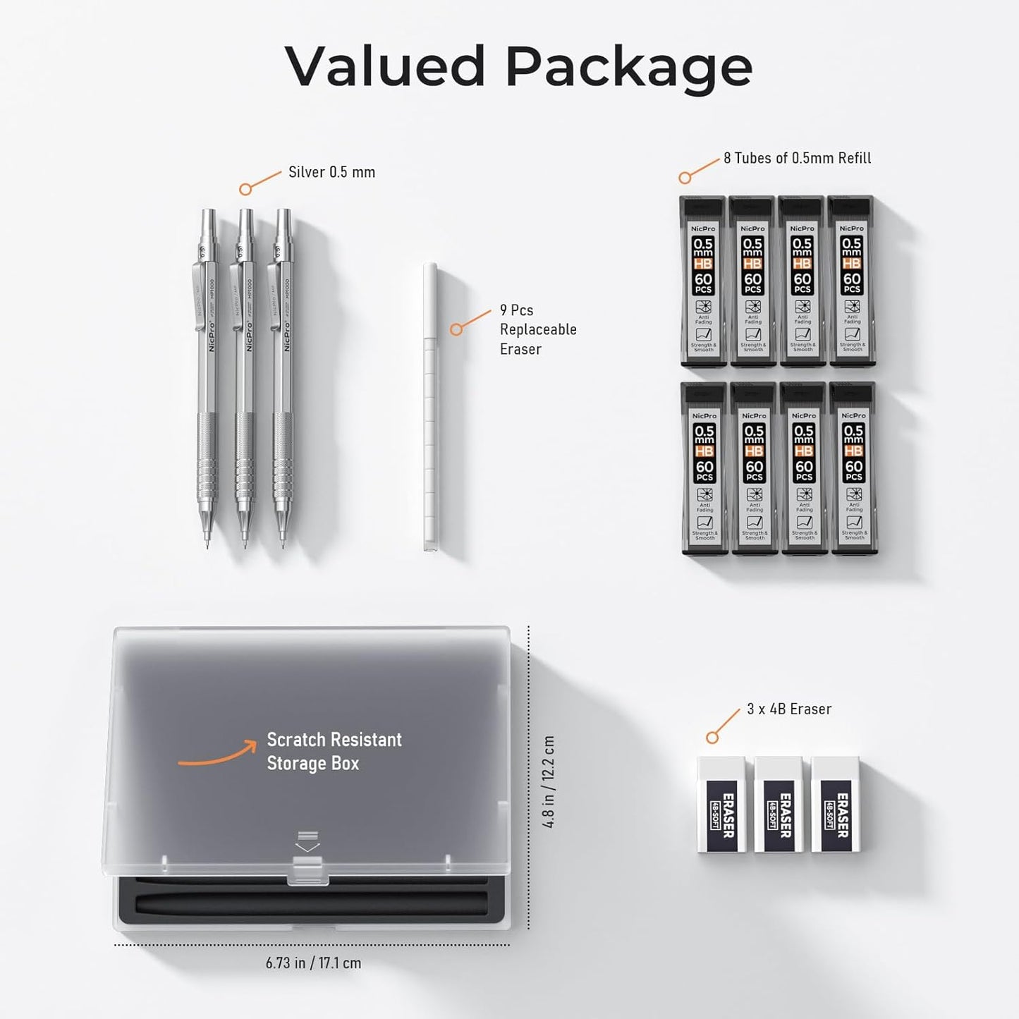 Nicpro 0.5 mm Mechanical Pencils Set with Case, 3 Metal Artist Pencil With 480PCS HB Lead Refills, 3 Erasers,9 Eraser Refills For Architect Art Writing Drafting, Drawing, Engineering, Sketching, Black