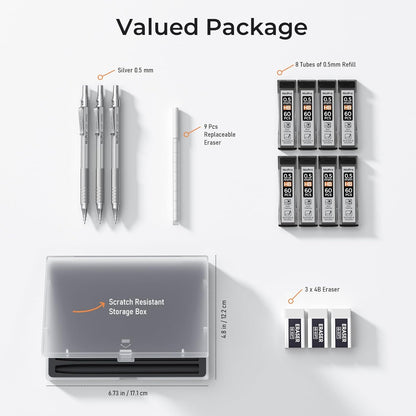 Nicpro 0.5 mm Mechanical Pencils Set with Case, 3 Metal Artist Pencil With 480PCS HB Lead Refills, 3 Erasers,9 Eraser Refills For Architect Art Writing Drafting, Drawing, Engineering, Sketching, Black