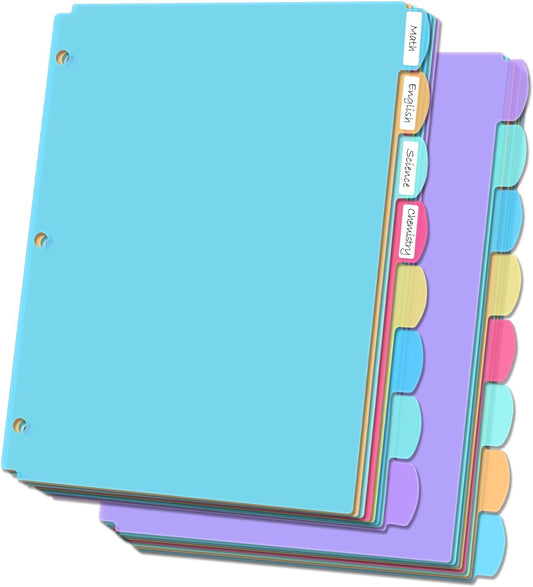 8 Tab Plastic Dividers for 3 Ring Binders, Write & Erase, Tabbed File Dividers with Tabs, Fits 8.5X 11'' Letter Size Paper, Assorted Color, 3 Set