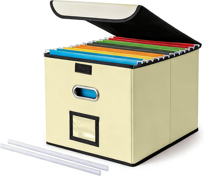 CADONO File Organizer Box with Lid, Large Hanging File Folder Organizer with Plastic Slide, Collapsible Portable Filing Storage Boxes for Office/Decor/Home (Black, 14.9 x 12.59 x 10.8 inch)