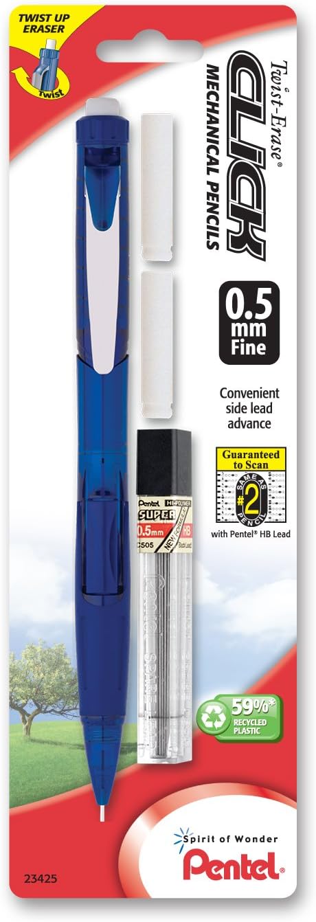 Pentel Twist Erase Click Automatic Pencil with 2 Eraser Refills and Lead, 0.9 mm, Assorted Barrels, Color May Vary, 2 Pack (PD279TLEBP2)