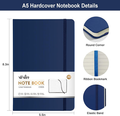 ViVin Lined Journal Notebooks for Work, 192 Pages, Medium 5.5 x 8.3 inch, College Ruled, A5 Hardcover Journaling Notebooks for Writing, 8 Pack Bulk,Black