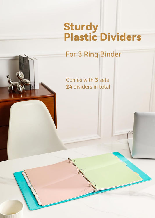 SortRax 24 Plastic Binder Dividers with 8 Tabs – 3 Sets of Pastel Dividers for 3 Ring Binder, with Colorful Stickers, Letter Size