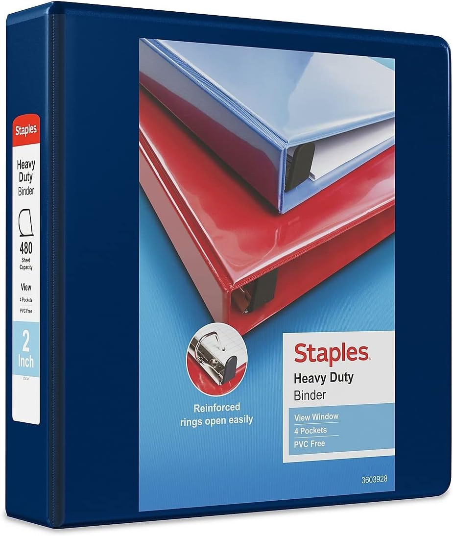 Staples Heavy-Duty 2-Inch D-Ring View Binder, Reinforced Spine, Holds Up to 450 Sheets, Gray, for Office & School