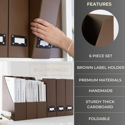 BLU MONACO Foldable Black Magazine File Holder | Set of 6 Cardboard Desk Organizer Boxes | Vertical Magazine File Holder | Standing File Holder | Office Classroom or Home